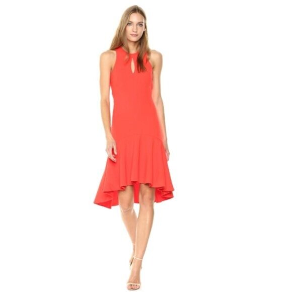 Trina Turk Keyhole High Low Petal Sleeveless Dress in Red - 6 - Picture 1 of 11